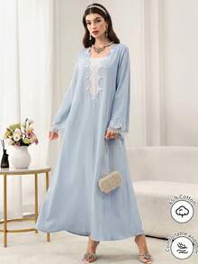 Al Najma Mint Green Embroidered Lace Patchwork Long Sleeve Dress, Fashionable For Spring/Summer - Blue - View 5