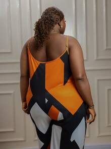 CurvyTilda Mono de tirantes finos de pierna ancha con bloques de color para playa de verano, adecuado para salir y vacaciones, para Body de reloj de arena, talla grande - Naranja Quemada - Ver 5