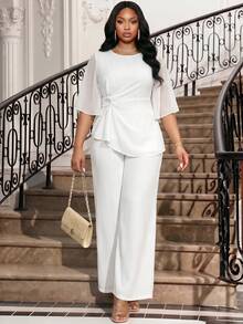 Fleurora Plus Size Women Fashion Solid Color Asymmetrical Hem Shirt & Pants 2 Pieces Set Summer Spring Summer Outfits For Women Spring Outfit Summer Elegant - White - View 3