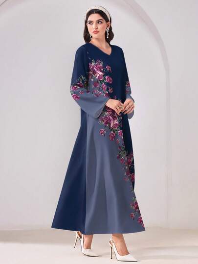 Al Najma Casual Minimalist Modest Floral Print V-Neck Long Sleeve Arabic Style Dress