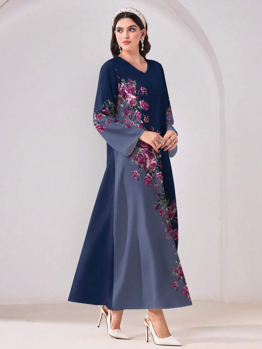 Al Najma Đầm phong cách Ả Rập cổ chữ V tay dài họa tiết hoa tối giản kín đáo thường ngày - Nhiều màu - Xem 1