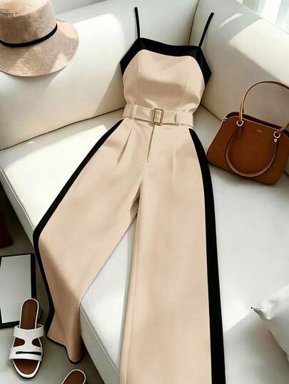 Franclia Women's Elegant 2 Pieces Commuter Outfit, Summer Camisole Top And Wide Leg Pants Set, White And Contrast Color