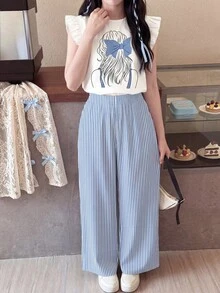 可爱复古蝴蝶结印花图案，蓝白条纹，韩式可爱少女风，少女风，青少年女孩衬衫套装，背心，休闲假日夏季可爱穿搭，夏季单品，夏季外出装备，韩式风格，返校季，轻松舒适，时尚童装 - 彩色 - 查看 3