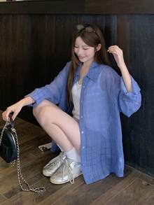 DAZY Áo sơ mi dài tay kẻ caro nữ, kiểu Hàn Quốc, mùa xuân/hè - Màu xanh nhạt - Xem 4
