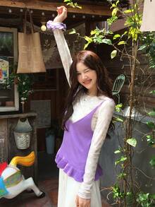 DAZY Women's Casual Spaghetti Strap Ruffle Trim Knit Camisole Top For Vacation - Purple - View 7