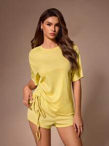 Lazeform 2pcs Women's Ribbed Drawstring Pleated Loungewear Set - Yellow - View 5