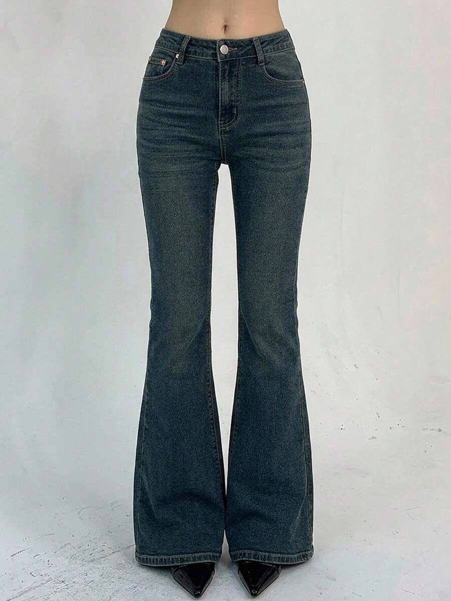 Joudiya Solid Flare Leg Jeans - Dark Wash - View 1