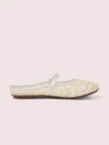 CUCCOO DOLLMOD Women's Shoes, Light Yellow, Round Toe Dew Heel Closed Toe Sandals, Flower Embroidered Mesh Yarn, Sweet And Cute, Comfortable, Soft And Breathable - Chrysanthemum - White - View 5