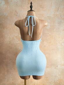 Zolique Vestido corto elegante y sexy de unicolor con cuello halter y cintura anudada, estilo tropical para fiesta, vacaciones y playa, azul claro, verano para mujer - Azul - Ver 4