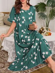 Serenescape Bubble Ruffle Hem Floral Print Long Nightgown - Green - View 3