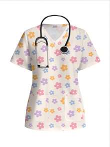 PopScrub Colorful Floral Print V-Neck Short Sleeve Patchwork Pocket Scrub Uniform Top - Multicolor - View 6