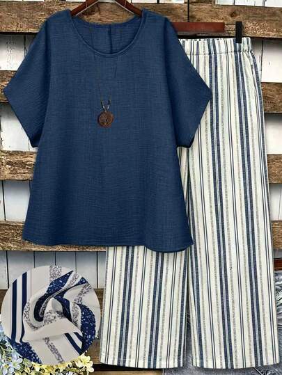 EMERY ROSE Conjunto de pantalones casuales y blusa de manga de murciélago de cuello redondo de unicolor para mujer de talla grande, conjunto de verano para damas, conjunto casual, conjunto de vacaciones para mujer