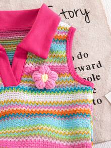 SHEIN Playful Pals 女婴贴花撞色条纹图案夏季背心和牛仔短裙，荷叶边刺绣樱桃图案复古可爱沙滩度假套装 - 彩色 - 查看 6