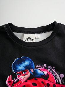 Miraculous Ladybug X SHEIN 女童（小号）极简印花圆领短袖上衣和裤子睡衣套装 - 黑色 - 查看 3