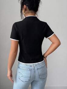 SHEIN Elenzya 經典熱銷黑白拼接V領短袖修身優雅法式休閒女式襯衫 - 黑色 - 查看 3