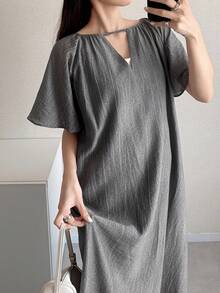 FRIFUL Women's Hollow Neckline Patchwork Pleated Full Skirt Long Dress - Grey - View 5
