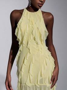 Elitara Elegant Minimalist Multi-Layered Ruffled Cold Shoulder Asymmetrical Fishtail A-Line Romantic Women's Formal Evening Gown - Light Yellow - View 9