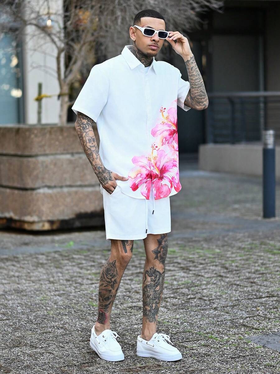Devon Thys Men's Floral Print Single Breasted Casual Short Sleeve Shirt, Summer - Multicolor - View 1