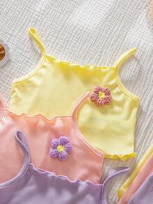 SHEIN 4Sets Young Girl Kids Solid Color Knitted 3D Floral Camisole And Shorts Set - Multicolor - View 8