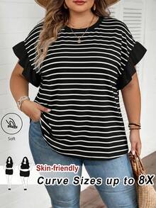 SHEIN CURVE+ 大码女式新款度假休闲通勤工作条纹拼接荷叶边短袖T恤 - 黑色 - 查看 1
