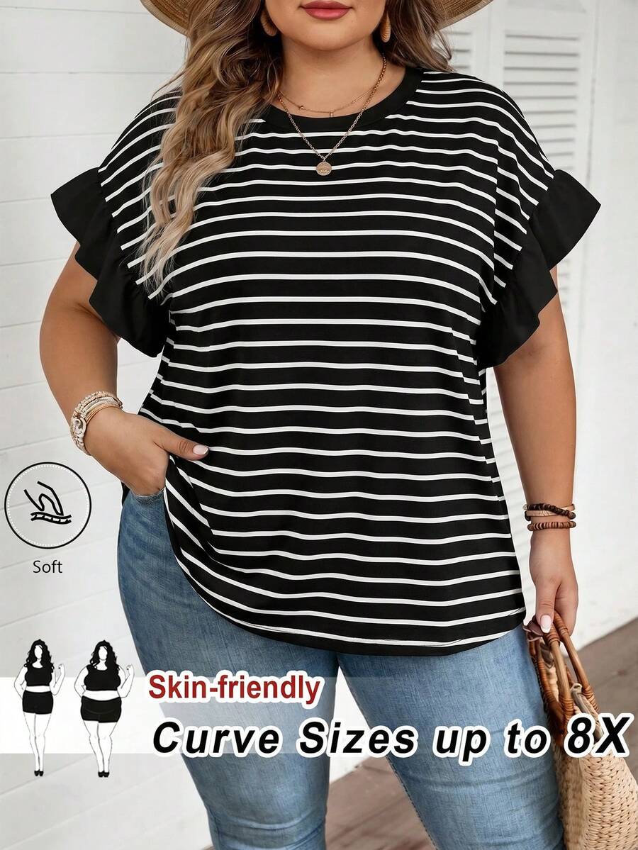 SHEIN CURVE+ 大码女式新款度假休闲通勤工作条纹拼接荷叶边短袖T恤 - 黑色 - 查看 1