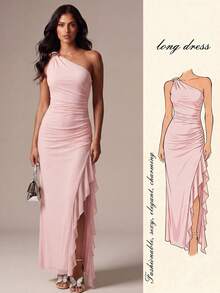 SHEIN PETITE Women's Summer Golf Knitted Mesh Sleeveless High Slit Ruffle Hem Dress Elegant Romantic Sexy Cocktail Dinner Party Bridesmaid Wedding Guest Baby Pink - Pink - View 7