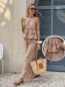 Conjunto de 2 piezas de top halter a rayas y pantalones casuales de vacaciones para mujer - Marrón 2 - Ver 8
