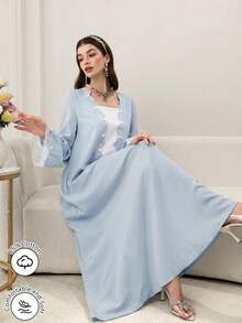 Al Najma Mint Green Embroidered Lace Patchwork Long Sleeve Dress, Fashionable For Spring/Summer - Blue - View 4