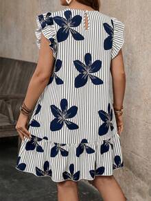 Breezaya Plus Size Women Round Neck Ruffle Sleeve Floral Print Loose Summer Vacation Dress - Blue - View 2