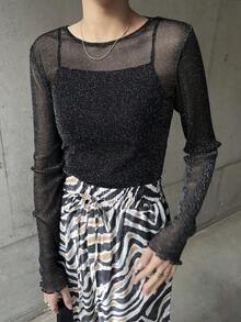 FRIFUL Women's Round Neck Long Sleeve Shiny Mesh Fitted Blouse Sheer,Fall Women Clothes - Black - View 3