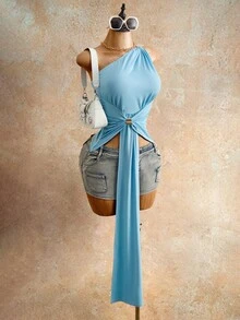 Mistrie Leichtes ärmelloses plissiertes Top für Damen, mädchenhafter Chic für Sommer, Strandurlaub, Nachtausgang, Sommerurlaub, Barparty - Blau - Übersicht 5