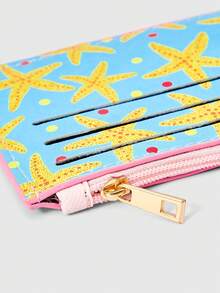 ROMWE Kawaii Túi đựng thẻ in hình sao biển trên nền xanh dương, chất liệu da PU siêu mỏng, có khóa kéo và kẹp thẻ, kiểu dáng lấy cảm hứng từ biển cả, dễ thương và đa năng. - Màu xanh lam - Xem 4