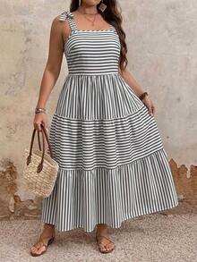 EMERY ROSE Vestido sin mangas a rayas con volante en el bajo para mujer talla grande - Multicolor - Ver 4
