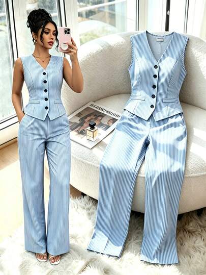 Elenzga Women's Elegant Business Casual Fashion Commuter Office Work Casual Comfortable Charming Retro Minimalist High-End Holiday Relaxed Workplace Modern Sleeveless V-Neck Cardigan Waist Tie Back Hem Top A-Line Wide Leg Pocket Decorated Button Design Pants Blue And White Stripe Suit Summer