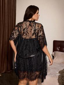 Slumberist 2pcs Lace Patchwork High Stretch Knit Sexy Backless Camisole & Nightgown Set, Plus Size - Black - View 2
