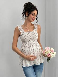 Momance Áo ngủ babydoll mùa hè, kiểu dáng thường ngày, họa tiết hoa nhí, viền bèo nhún, dây đeo rộng, thích hợp cho kỳ nghỉ. - Xám - Xem 5