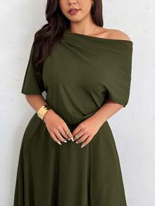 Firerie Plus Size Women Vacation Asymmetric Shoulder Fashionable Ruffle Dress - Army Green - View 3