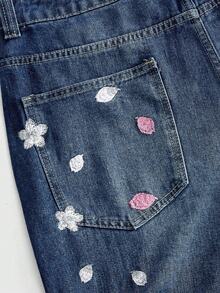 ROMWE MEN Quần jeans nam dáng suông, ống đứng, họa tiết phượng hoàng và hoa anh đào phong cách retro Y2K, kiểu dáng đường phố, rách nhẹ. - Rửa tối - Xem 5