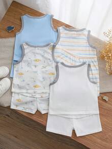 Cozy Pixies Bộ 8 món cho bé trai, họa tiết khủng long hoạt hình, chất liệu mềm mại, cổ tròn, không tay và quần short cạp chun. - Nhiều màu - Xem 2