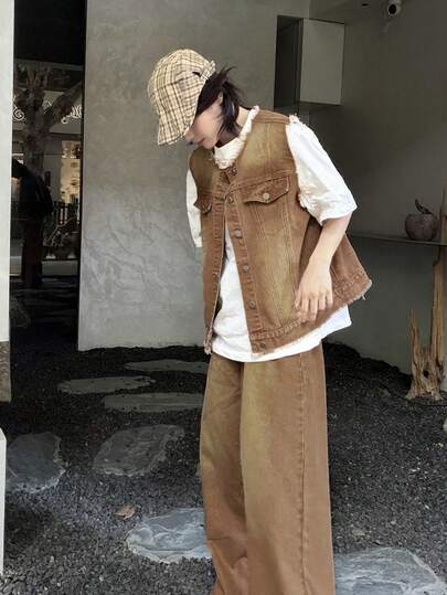 DAZY Bộ đồ hai mảnh gồm áo gile denim bạc màu kiểu Hàn Quốc dành cho nữ và quần jeans ống rộng thoải mái.