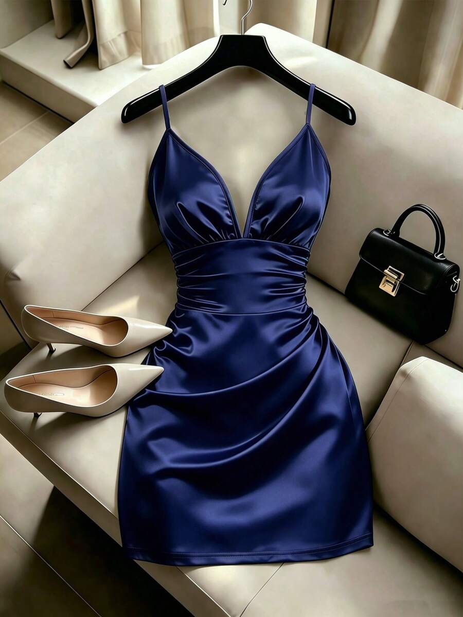 Franclia Women's Elegant Solid Satin Luxurious Spaghetti Strap Ruched Low-Cut Waist Dress - Navy Blue - View 1