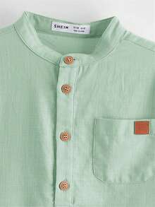 SHEIN Boys' Woven Short Sleeve Round Neck Half-Open Shirt - Mint Green - View 3