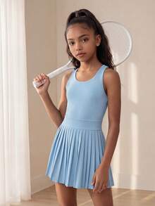 SHEIN Sportkleid für Tween-Mädchen, Design mit offenem Rücken, plissierter Saum, Tennisrock, geeignet für Lässig und Sport - Blau - Übersicht 2