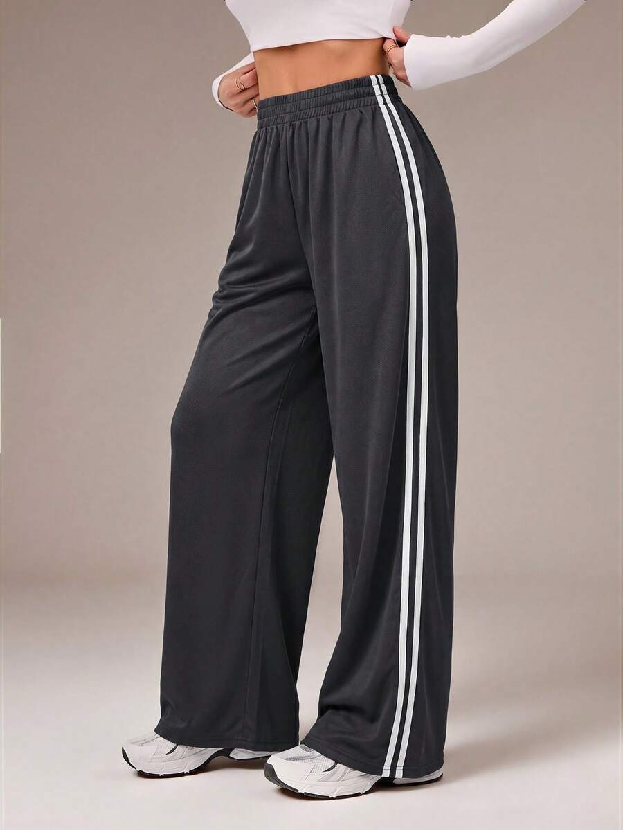 SHEIN Tall Pantalones casuales grises con rayas laterales, moda sencilla para uso diario, para mujeres altas - Gris Oscuro - Ver 1