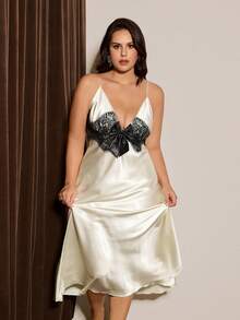 Slumberist Plus Size Spaghetti Strap Nightgown, Contrast Color Lace Patchwork Big Bow Decor Deep V-Neck Sexy Maxi Dress, Beige - Beige - View 4