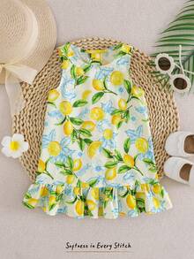 SHEIN Đầm không tay thời trang mùa hè cho bé gái, kiểu dáng thoải mái, in hình quả chanh và cây xanh, thích hợp mặc đi biển. - Màu vàng - Xem 6