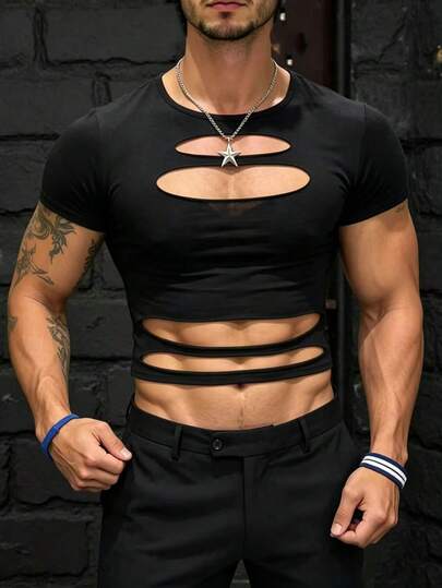 Manfinity Dauomo Men's Hollow Out Sexy Slim Fit T-Shirt