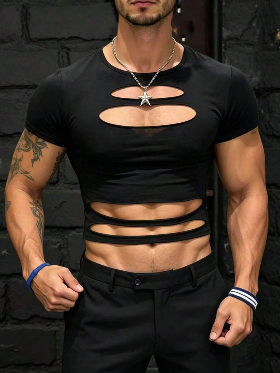 Manfinity Dauomo Men's Hollow Out Sexy Slim Fit T-Shirt - Black - View 1
