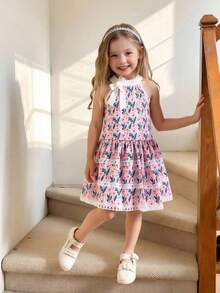 SHEIN Genkimix Kids Toddler Girls' Sweet Elegant Vacation Floral Embroidery 3-Tier Ruffle Bow Halter Dress, French Country Style, Spring/Summer - Pink - View 8