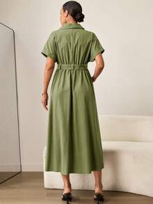 MaterniWear 孕妇休闲纯色单排扣腰带连衣裙 - 綠色 - 查看 4